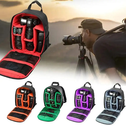 Camera backpack with compartments filled with camera equipment, shown open and closed in various colors.