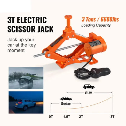 Electric Car Jack Kit 3T Scissor Jack with 12V Impact Wrench and Carrying Case - 3T Jack Wrench