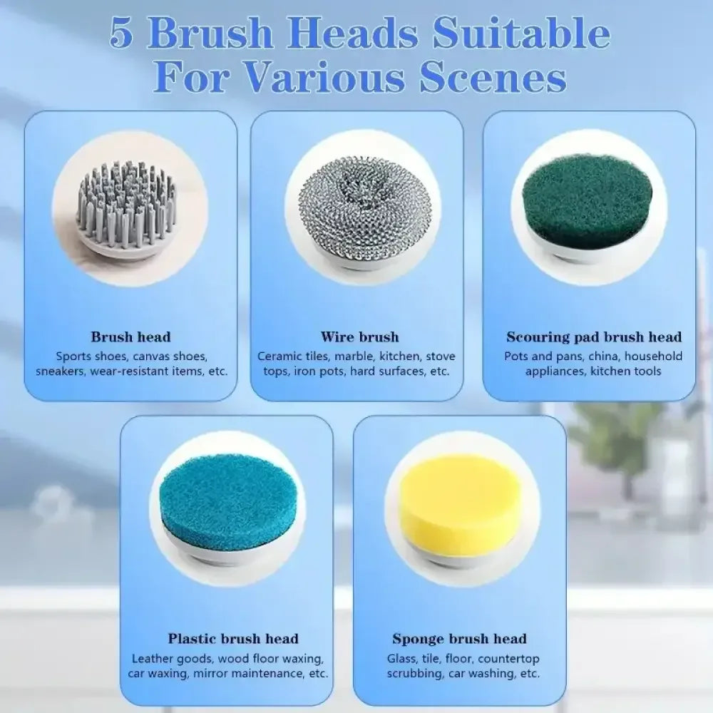 Electric Spin Scrubber with 5 Replaceable Brush Heads – Three-Speed Adjustable Handheld Rechargeable Shower Cleaning Brush - 