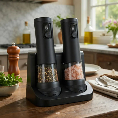 Black electric pepper and salt grinders on a kitchen counter with a digital display.