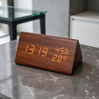 Wooden LED Digital Alarm Clock with Temperature, Humidity & Voice Control