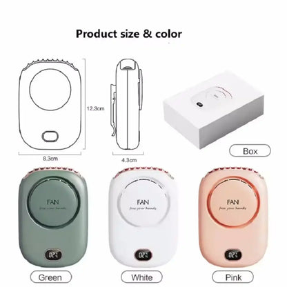 Product size and color options for a fan with dimensions and packaging shown.