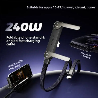 Foldable phone stand and angled fast charging cable with smartphone on a dark background