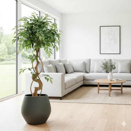 Ficus Artificial Tree w/ Curved Trunk & Vines | Silk Leaves, White Pot for Home/Office Decor