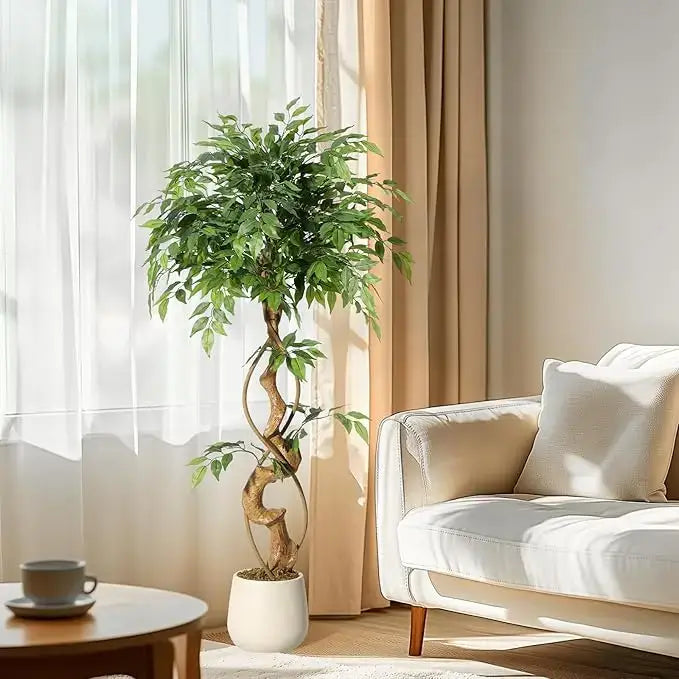Ficus Artificial Tree w/ Curved Trunk & Vines | Silk Leaves, White Pot for Home/Office Decor