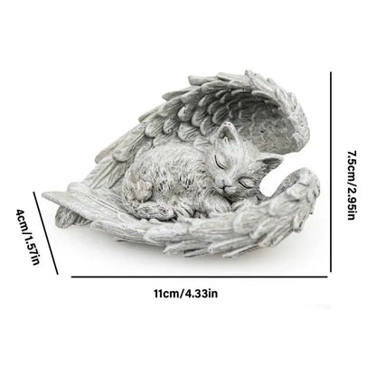 Small figurine of a cat with wings on a white background with measurements indicated.