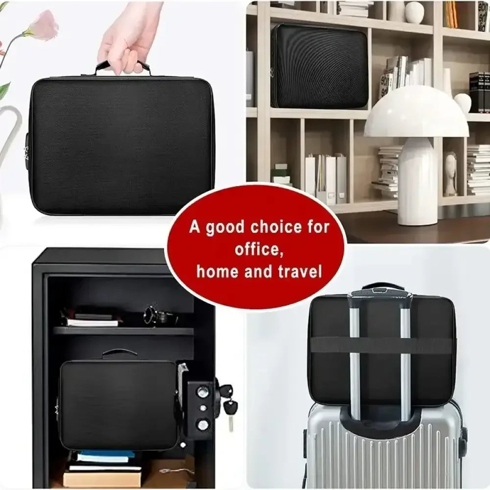 Fireproof Black Document Bag for Laptop, Files & Certificates with Multi-Compartment Storage - 