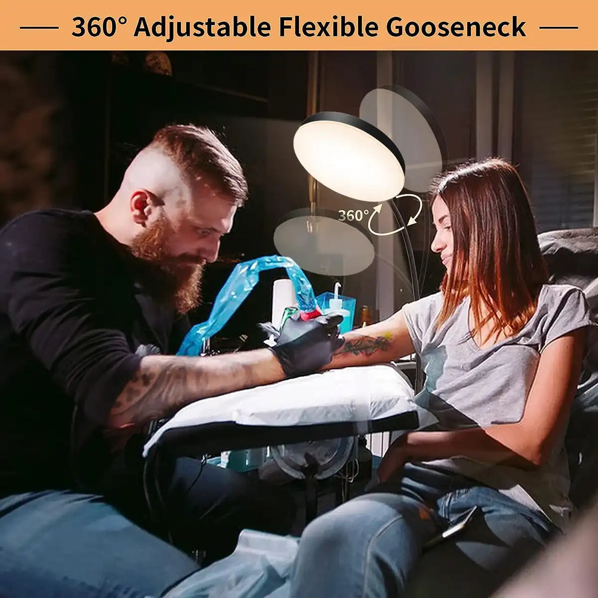 Tattoo artist working on a client with a 360-degree adjustable flexible gooseneck light.