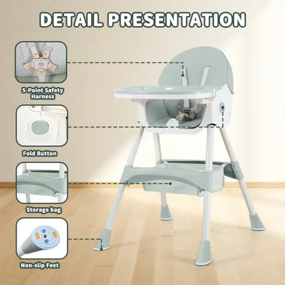 Foldable Baby High Chair 2-in-1 Feeding Chair with Removable Double Tray - Green