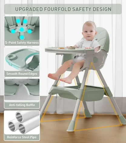 Foldable Baby High Chair 2-in-1 Feeding Chair with Removable Double Tray - Green
