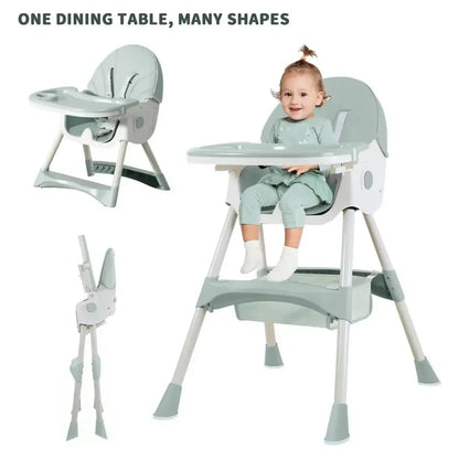 Foldable Baby High Chair 2-in-1 Feeding Chair with Removable Double Tray - Green
