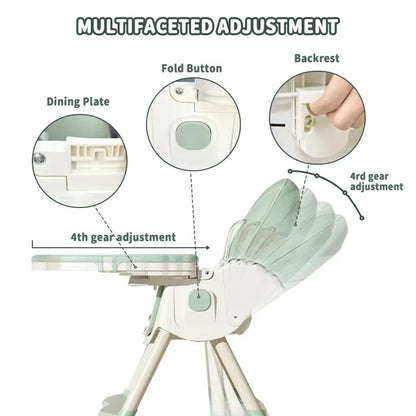 Foldable Baby High Chair 2-in-1 Feeding Chair with Removable Double Tray - Green