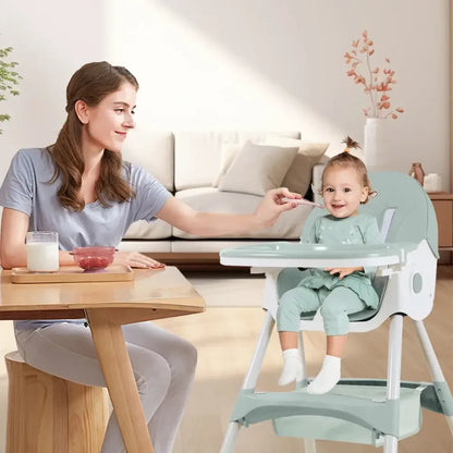 Foldable Baby High Chair 2-in-1 Feeding Chair with Removable Double Tray - Green