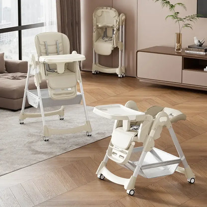Foldable Baby High Chair Adjustable PU Leather Seat with Locking Wheels - Champagne