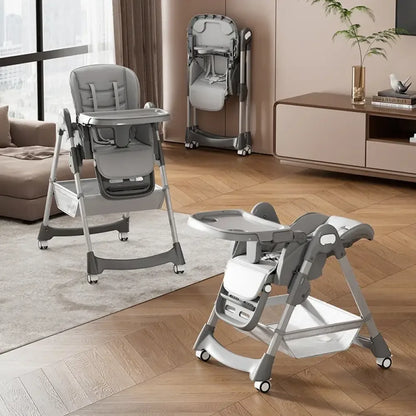 Foldable Baby High Chair Adjustable PU Leather Seat with Locking Wheels - Dark Grey