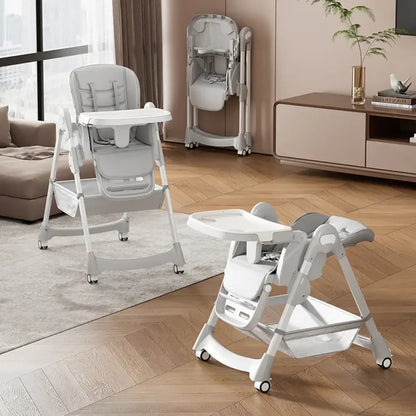 Foldable Baby High Chair Adjustable PU Leather Seat with Locking Wheels - Light Grey