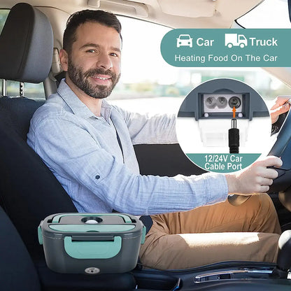 Man driving a car with a food warmer attached, promotional graphic for car heating food solution.
