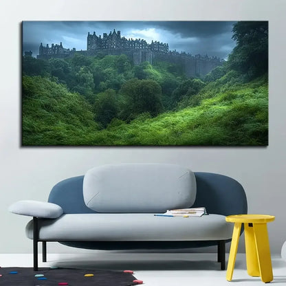Forest Castle Canvas Wall Art 1.5" Thick Solid Pine Frame Modern Home Decor - 16 x 32in