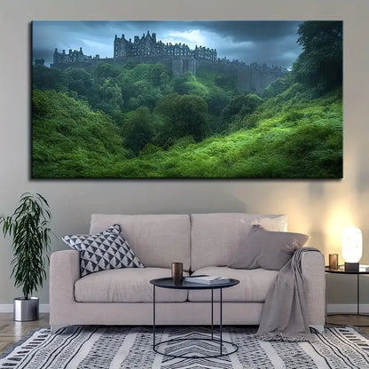 Forest Castle Canvas Wall Art 1.5" Thick Solid Pine Frame Modern Home Decor - 16 x 32in