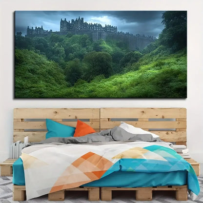 Forest Castle Canvas Wall Art 1.5" Thick Solid Pine Frame Modern Home Decor - 16 x 32in