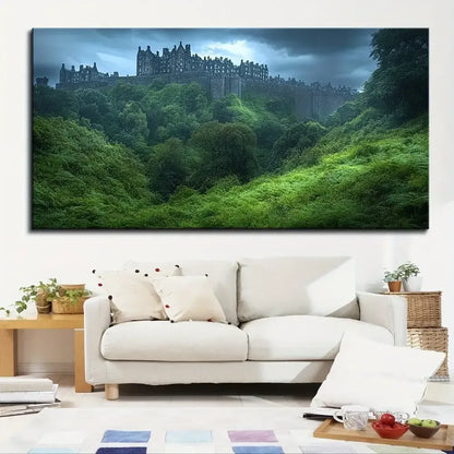 Forest Castle Canvas Wall Art 1.5" Thick Solid Pine Frame Modern Home Decor - 16 x 32in
