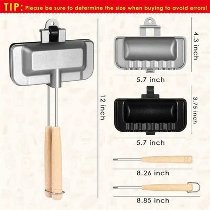 frying pan with wooden handle and metal components, shown with measurements on a beige background.