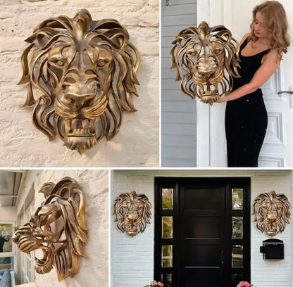 Collage of a gold lion head wall decor in various settings.