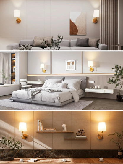Modern bedroom interior with furniture and decor elements.