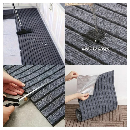 Collage of a gray doormat with cleaning and installation instructions.
