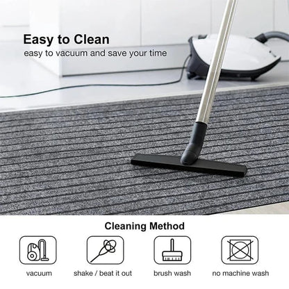 Vacuum cleaning a gray mat with text indicating ease of cleaning and cleaning methods.