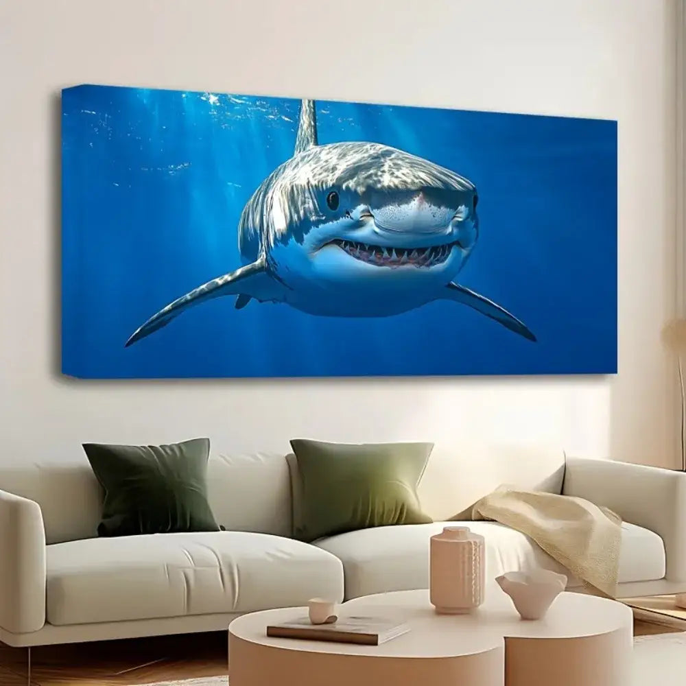 Great White Shark Canvas Wall Art 16x32" Thick Pine Solid Wood Frame