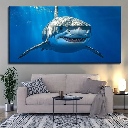 Great White Shark Canvas Wall Art 16x32" Thick Pine Solid Wood Frame - 
