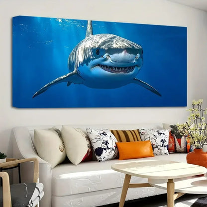 Great White Shark Canvas Wall Art 16x32" Thick Pine Solid Wood Frame - 