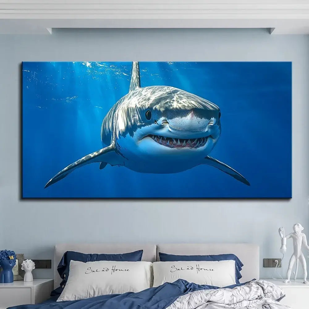 Great White Shark Canvas Wall Art 16x32’’ Thick Pine Solid Wood Frame