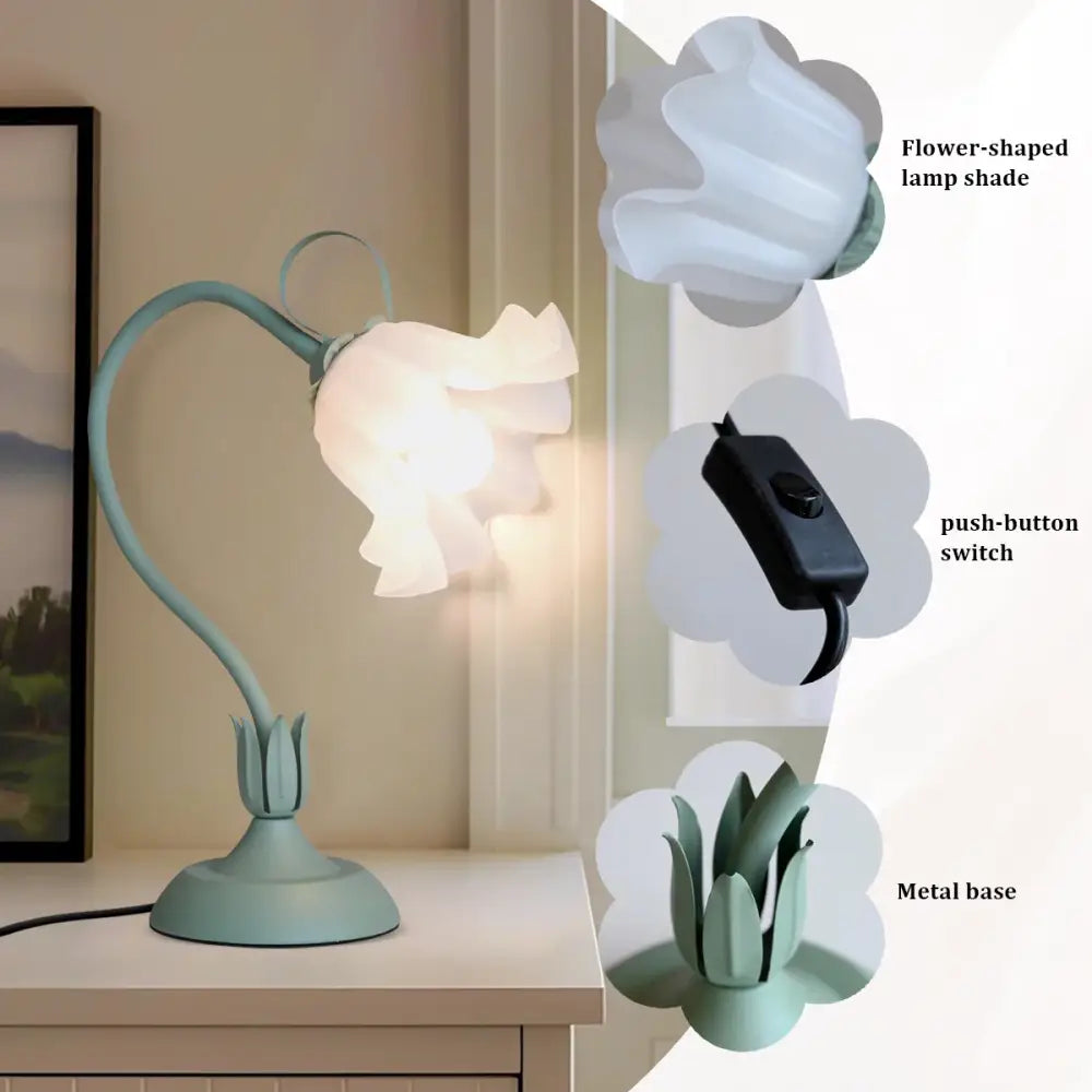 Green Vintage Flower Lamp 360° Adjustable LED Bedside Light with Three-Tone & Diamond Refraction