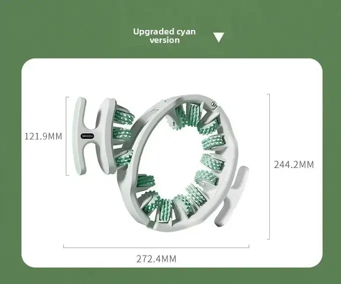 Measurement chart of a white and green circular Massager with dimensions on a green background