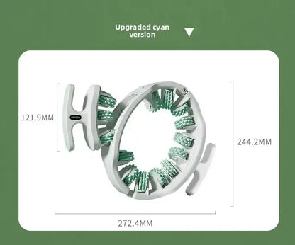 Measurement chart of a white and green circular Massager with dimensions on a green background