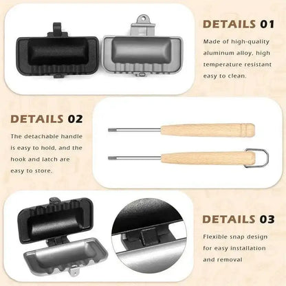 Product details of a grill brush with a wooden handle on a beige background