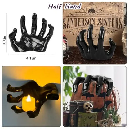 Black hand-shaped candle holder with measurements and usage scenarios on a Halloween-themed background.