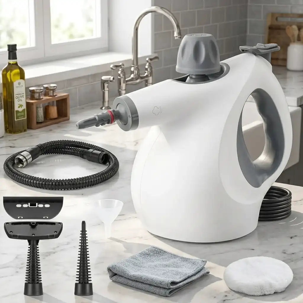 White handheld steamer with attachments on a kitchen counter