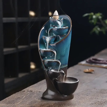 Handmade Torch Waterfall Incense Burner Ceramic Backflow Censer Home Decor - Blue