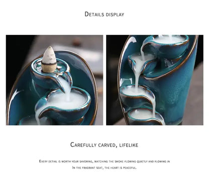 Handmade Torch Waterfall Incense Burner Ceramic Backflow Censer Home Decor - Blue