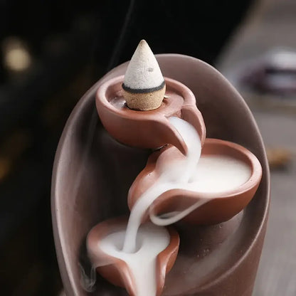 Handmade Torch Waterfall Incense Burner Ceramic Backflow Censer Home Decor - Blue