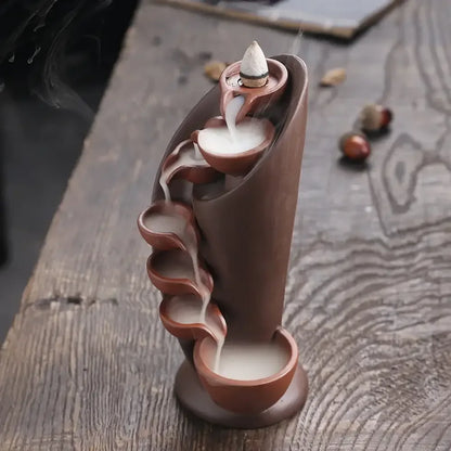 Handmade Torch Waterfall Incense Burner Ceramic Backflow Censer Home Decor - Brown