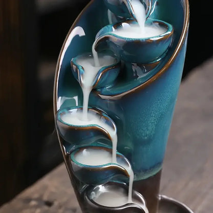 Handmade Torch Waterfall Incense Burner Ceramic Backflow Censer Home Decor - Blue