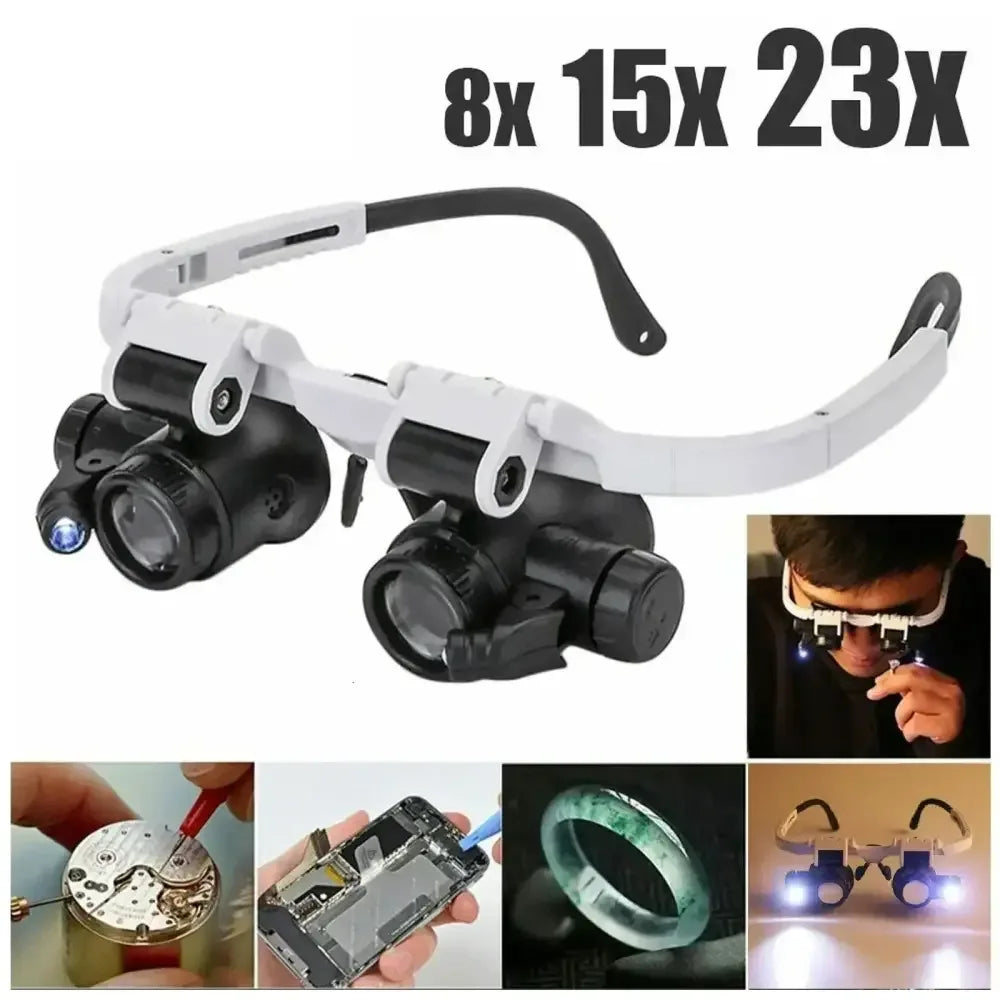 Headband Magnifying Glass with LED Light, Adjustable Jeweler Watch Repair Loupe 8X 15X 23X - 