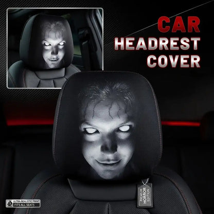 Car headrest cover with a person's face projected onto it, labeled 'Car Headrest Cover'.