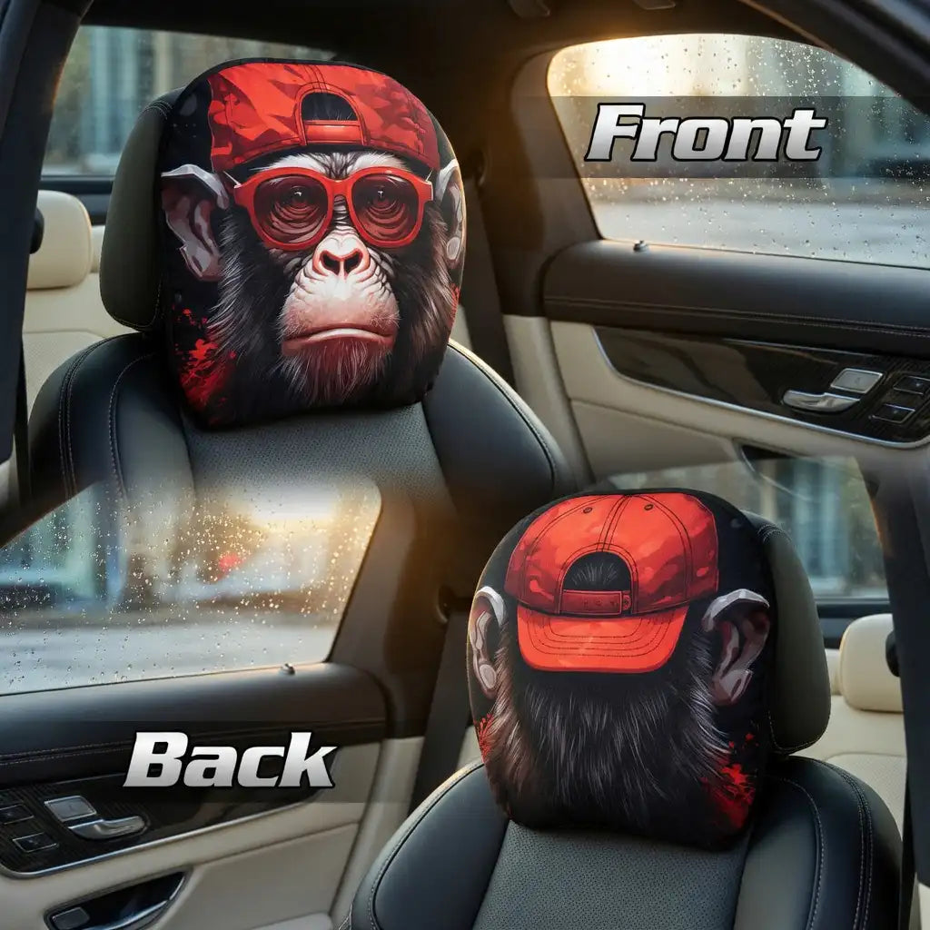 Car headrest covers with monkey design wearing red cap and goggles, labeled 'Front' and 'Back'.
