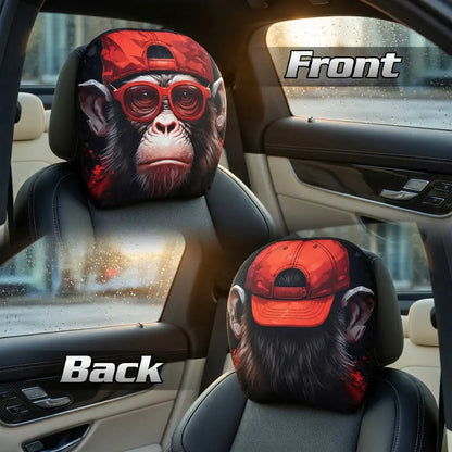 Car headrest covers with monkey design wearing red cap and goggles, labeled 'Front' and 'Back'.