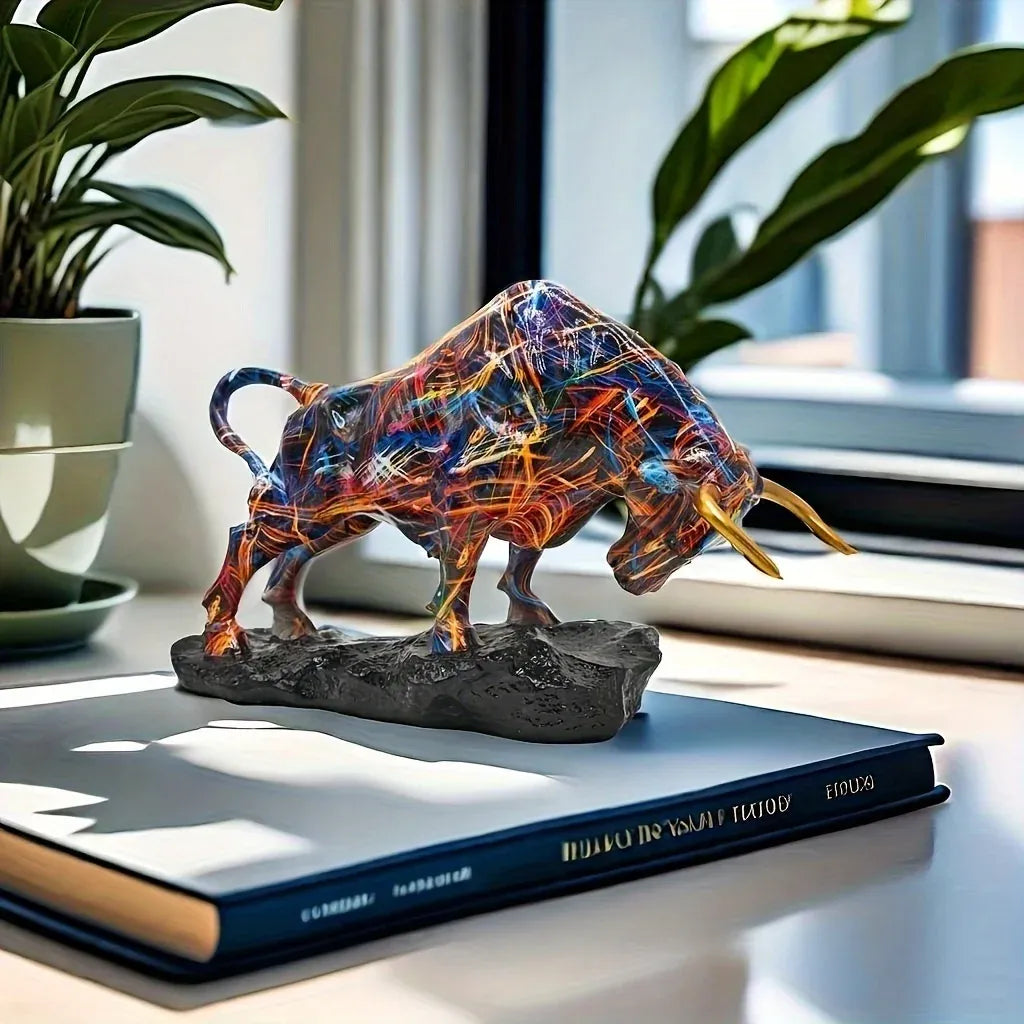 Colorful Charging Bull Sculpture – Modern Wall Street Inspired Resin Bull Statue